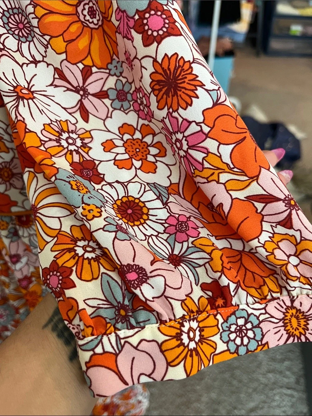 Orange Floral Tiered Mini Dress with Flutter Sleeves - Picture 3 of 7